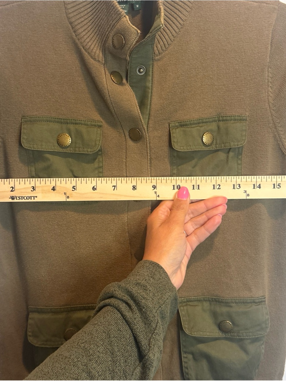 Ralph Lauren Brown Knit Short-Sleeve Cardigan with Olive Patch Pockets - Picture 11 of 12